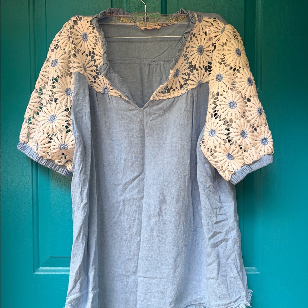 Umgee Light Blue Top with Cream Crochet Floral Sleeves